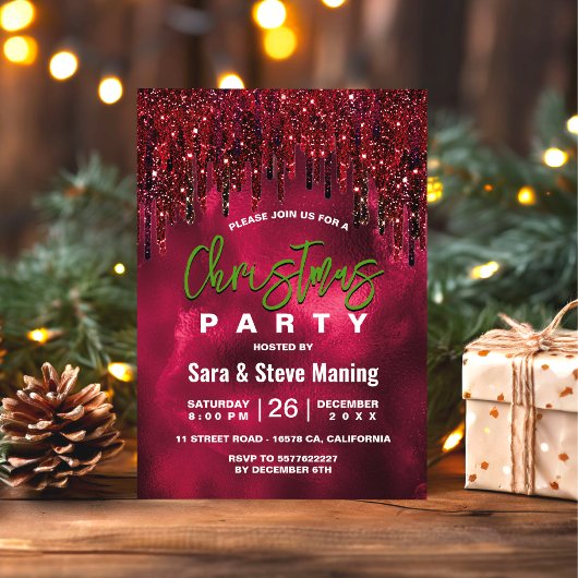 Invitation Elégant vert rouge faux parties scintillant goutte
