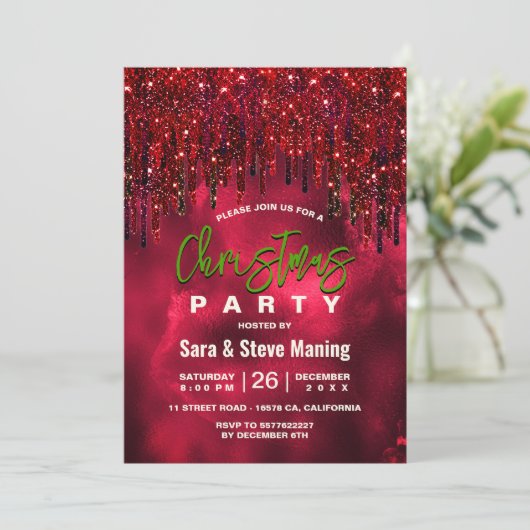 Invitation Elégant vert rouge faux parties scintillant goutte (Debout devant)