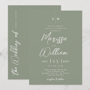 Invitation Élégant Vert Sage & Mariage Moderne Écriture Blanc