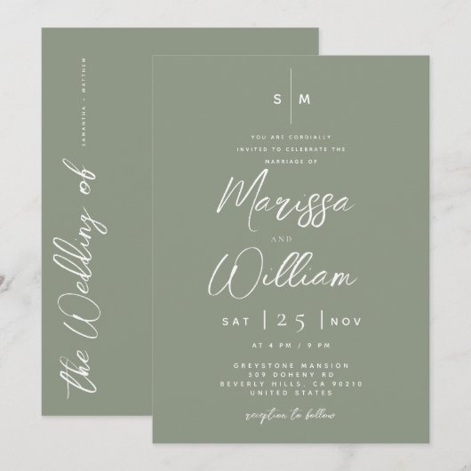Invitation Élégant Vert Sage & Mariage Moderne Écriture Blanc (Devant / Derrière)
