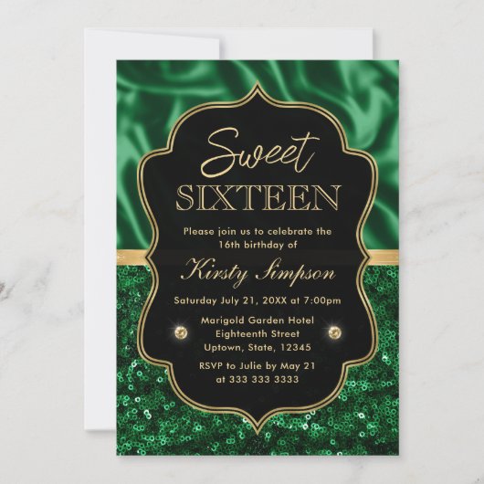 Invitation Elégant Vert Satin & Parties scintillant Or Frame (Devant)