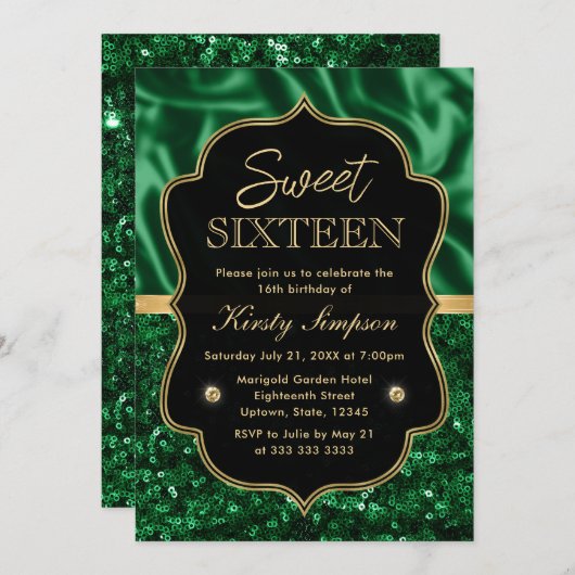 Invitation Elégant Vert Satin & Parties scintillant Or Frame  (Devant / Derrière)