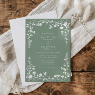 Invitation Élégant Vert Sauge Floral Français Mariage Vintage