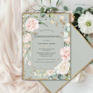 Invitation Élégant Vert Sauge Floral Or Quinceanera