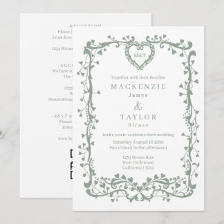 Invitation Élégant Vert Sauge Mariage Cadre Français Cœur