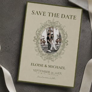 Invitation Élégant Vert Sauge Vintage Blason Épargnez la Date