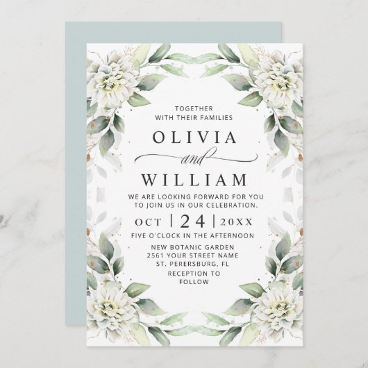 Invitation Elégant Vert Vert Vert Or Vert Vert Mariage Floral (Devant / Derrière)