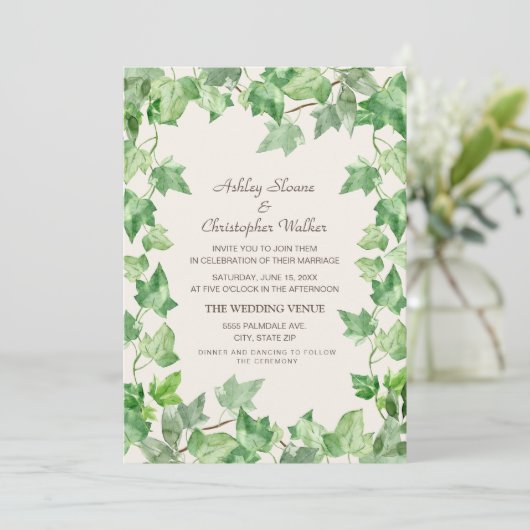 Invitation Élégant Vert Vining Feuille Ivy Cream Mariage (Debout devant)