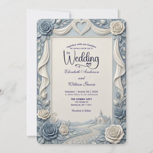 Invitation Elegant Victorian Dusty Blue Faux Embossed Rose (Devant)