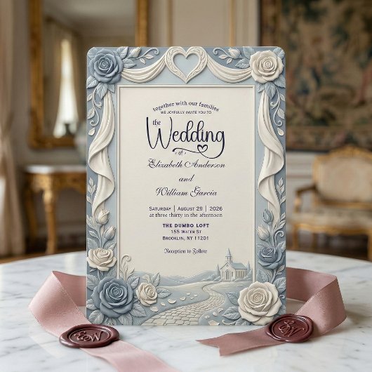 Invitation Elegant Victorian Dusty Blue Faux Embossed Rose