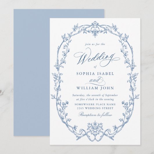 Invitation Elegant Victorian Ornate Floral Dusty Blue Wedding (Devant / Derrière)
