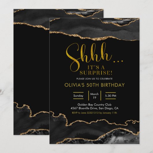 Invitation Elégant vieillissement noir et or Surprise Anniver (Devant / Derrière)