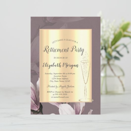 Invitation Élégant Vin Or Verre Magnolia Retraite (Debout devant)