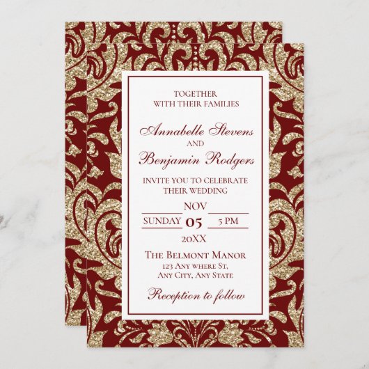 Invitation Elégant Vin Rouge et or Faux Parties scintillant M (Devant / Derrière)