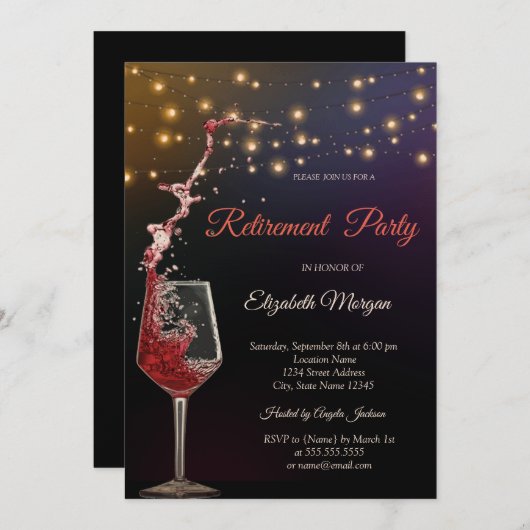 Invitation Élégant Vin Verre Chaîne Lumière Retraite (Devant / Derrière)