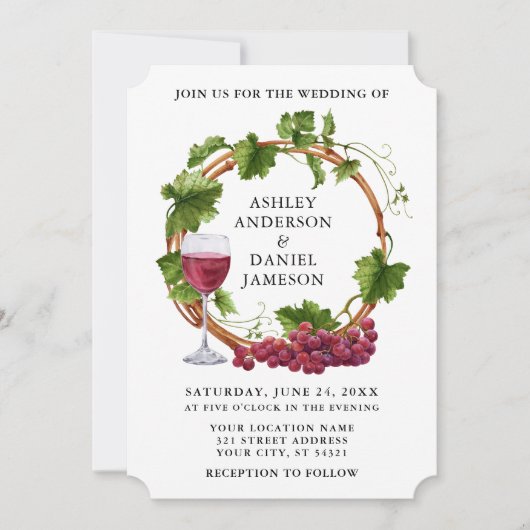 Invitation Élégant Vins de raisin Aquarelle Mariage de couron (Devant)