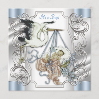 Invitation Elégant Vintage Argent et Bleu Stork Baby Boy