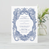 Invitation Elégant Vintage Baroque Bleu Toile Mariage (Debout devant)