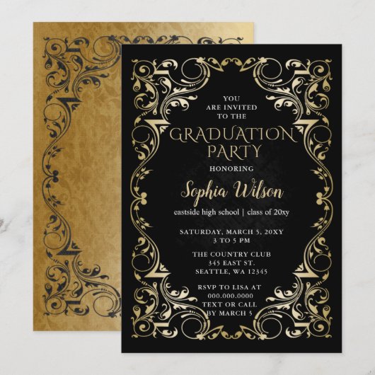 Invitation Élégant Vintage Black Gold Graduation (Devant / Derrière)