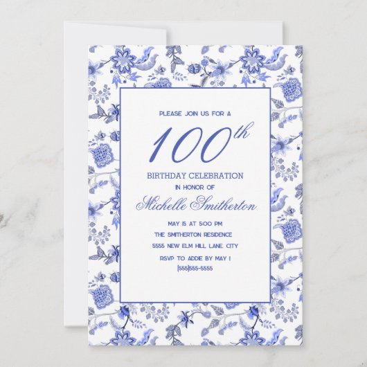 Invitation Elégant Vintage bleu antique Flore 100e (Devant)
