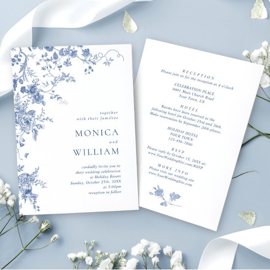 Invitation Elégant Vintage bleu Jardin Floral Mariage