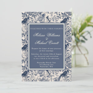Invitation Elégant Vintage Blue Floral Toile Fleurie Mariage