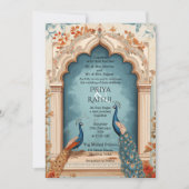 Invitation Élégant Vintage Blue Gold Peacocks Mariage indien (Devant)
