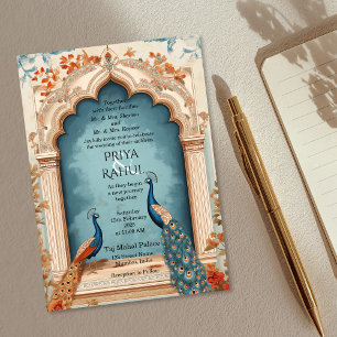 Invitation Élégant Vintage Blue Gold Peacocks Mariage indien