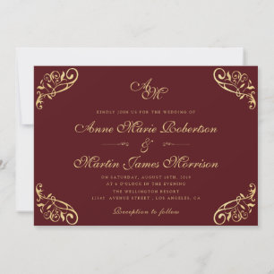 Invitation élégant vintage bordeaux rouge faux or mariage