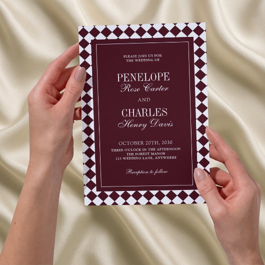 Invitation Elegant Vintage Burgundy Checkered Formal Wedding