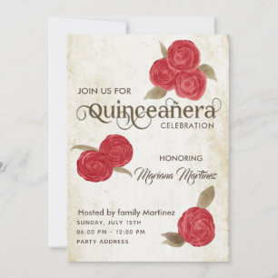 Invitation Elégant vintage chic aquarelle rouge roses Quince
