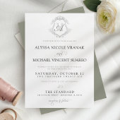 Invitation Élégant Vintage Crest Monogramme Sage Green Mariag