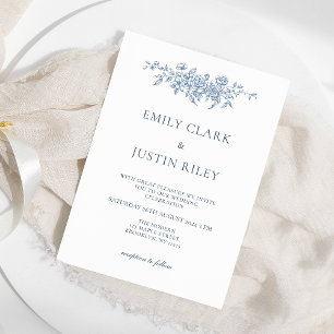 Invitation Élégant Vintage Floral Blue Mariage