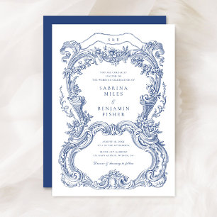 Invitation Elégant Vintage Floral Blue Toile Frame Mariage