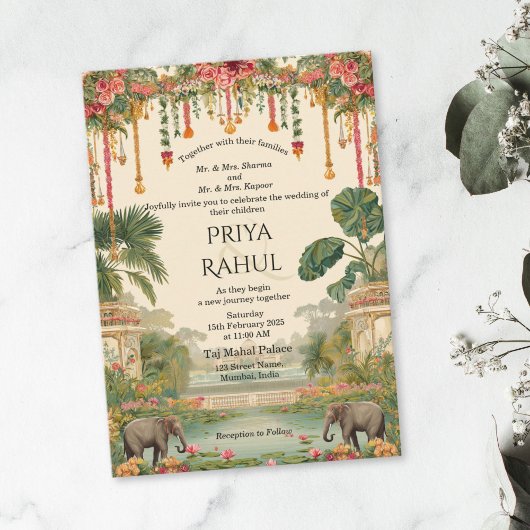 Invitation Elegant Vintage Floral Elephants Indian Wedding