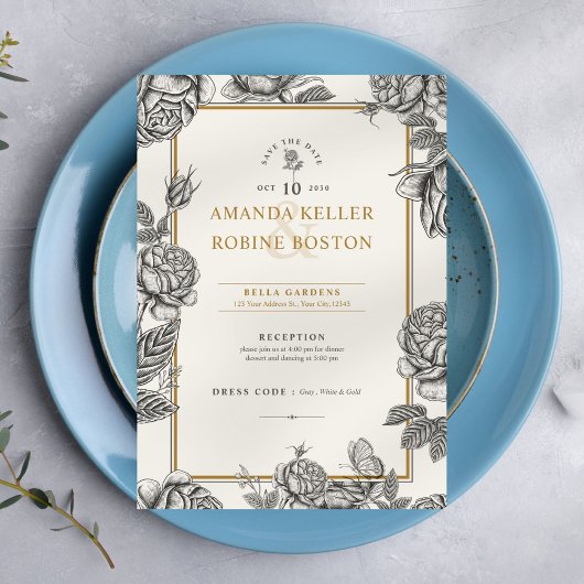 Invitation Élégant Vintage Floral Enregistrer le Mariage de d