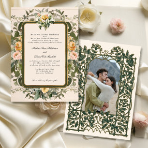 Invitation Élégant Vintage Floral Jaune Sage Mariage