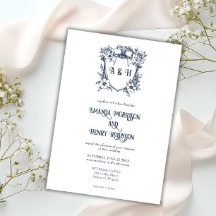 Invitation Élégant Vintage Floral & Monogram Crest Mariage