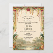 Invitation Elegant Vintage Floral Peacock Indian Wedding (Devant)