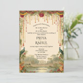 Invitation Elegant Vintage Floral Peacock Indian Wedding (Debout devant)