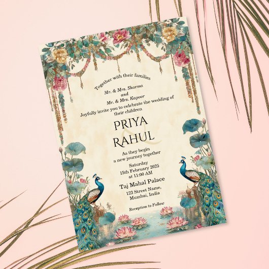 Invitation Elegant Vintage Floral Peacock Indian Wedding