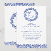 Invitation Elegant Vintage French  Blue Floral Wedding (Devant / Derrière)