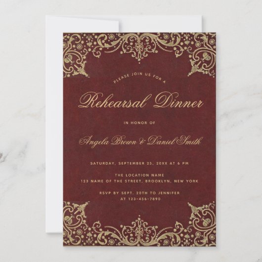 Invitation Élégant Vintage Gold Burgundy Red Rehearsal Dîner (Devant)