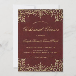 Invitation Élégant Vintage Gold Burgundy Red Rehearsal Dîner