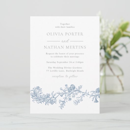 Invitation Élégant Vintage moderne bleu Mariage Floral (Debout devant)