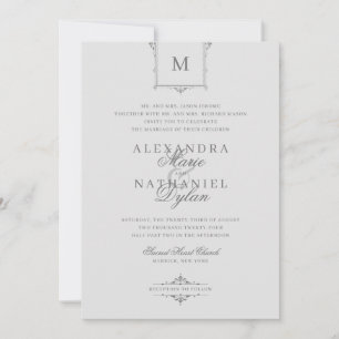 Invitation Élégant Vintage Monogramme gris et noir Mariage