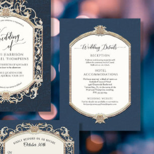 Invitation Elegant Vintage Navy Blue n Gold Détails du Mariag