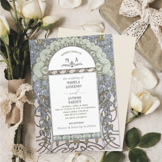 Invitation Elégant Vintage Nouveau Aquarelle Fleurs de Mariag