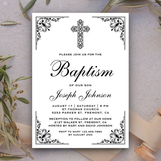 Invitation Élégant Vintage Ornate Cross Baptism