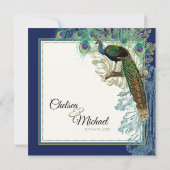 Invitation Elégant Vintage Peacock Feathers Marine Blue Maria (Dos)